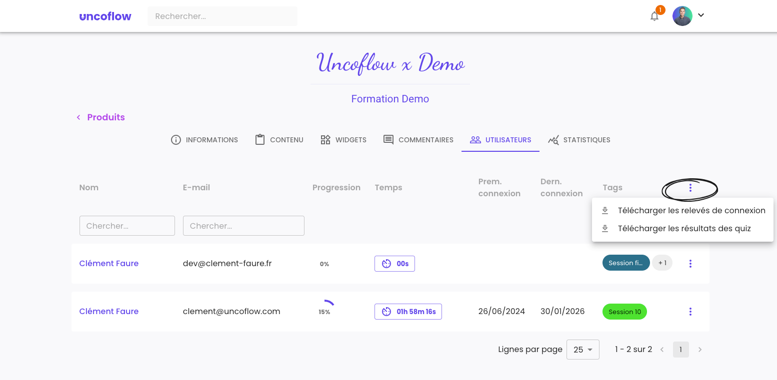 Illustration : Export des relevés de connexion