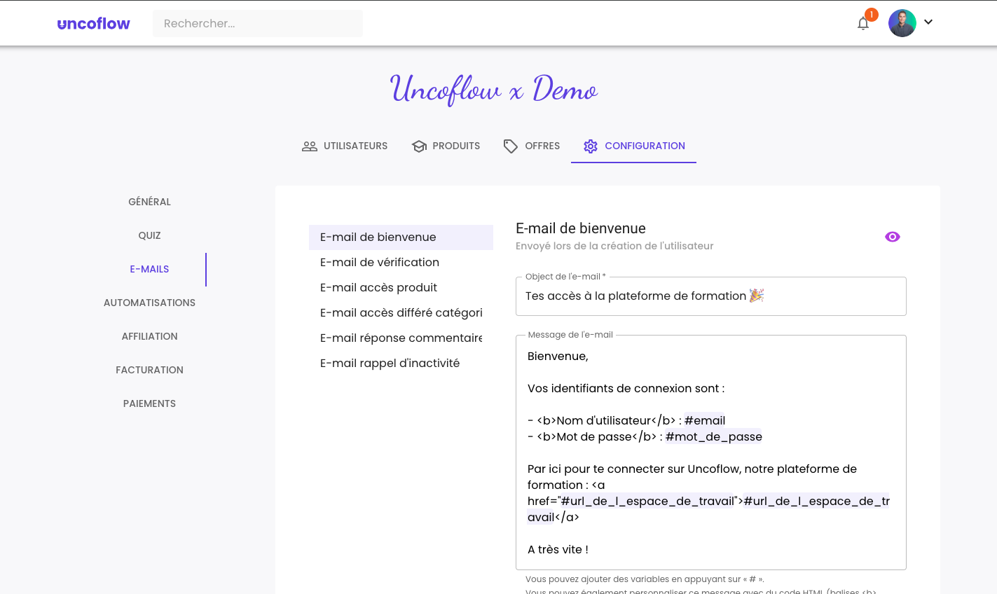 Illustration : Accéder aux paramètres d'emails