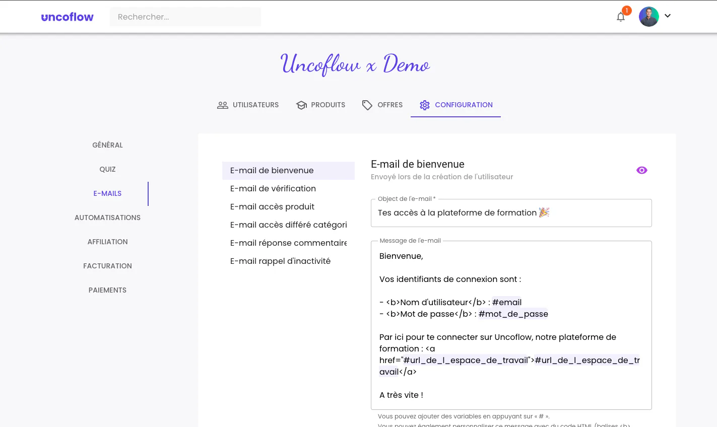 Illustration : Accéder aux paramètres d'emails