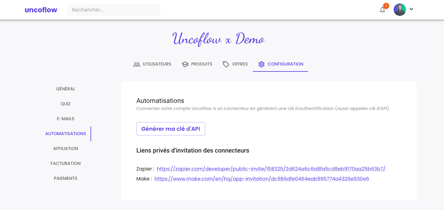 Illustration : Étape 1 : Récupérer votre clé API Uncoflow et lien privé d'invitation