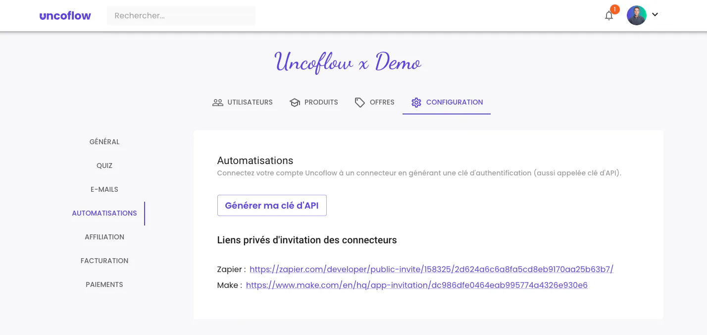 Illustration : Étape 1 : Récupérer votre clé API Uncoflow et lien privé d'invitation