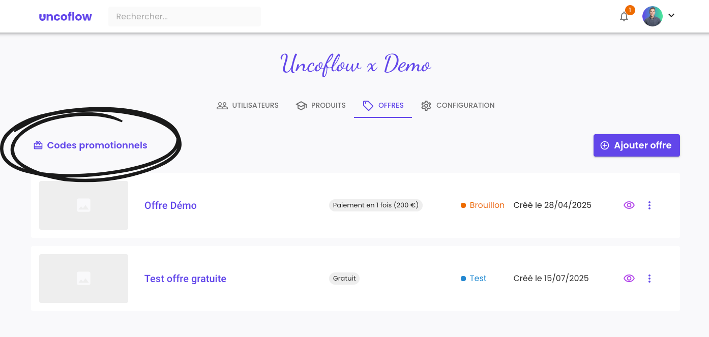 Illustration : Accéder aux codes promotionnels
